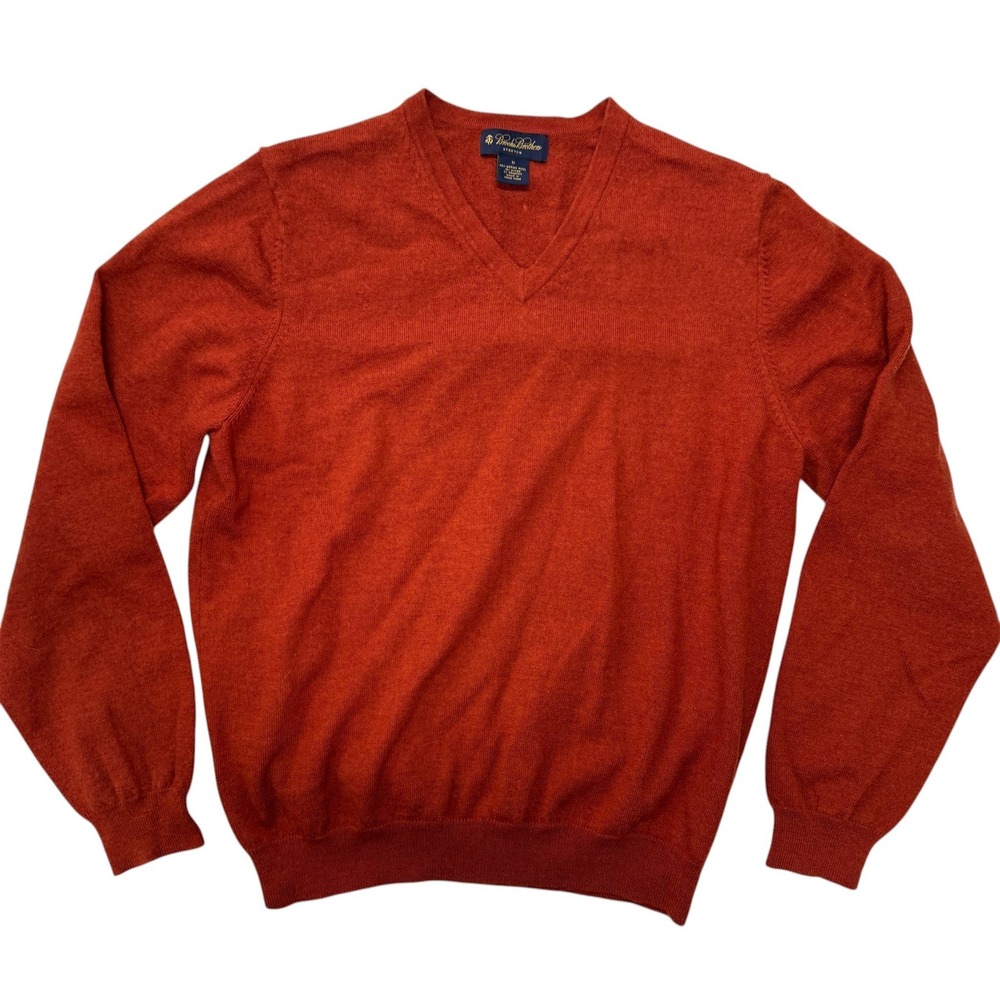 Brooks Brothers Merino‎ Wool Stretch V-Neck Sweater Mens Medium Orange Hole